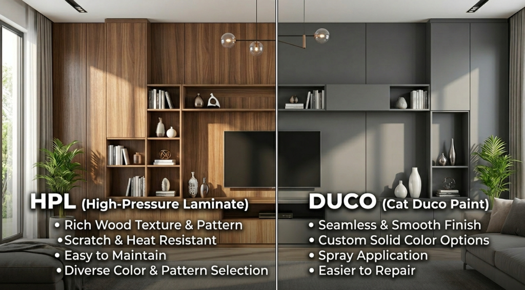 Comparison between HPL and Duco paint finishing for interior furniture.